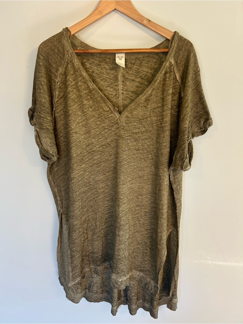 We The Free Linen Lagenlook Olive Green Tunic Oversized Top Festival Semi Sheer